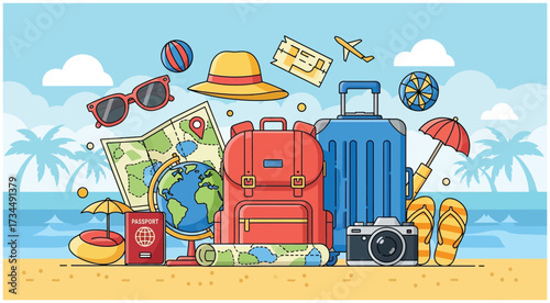 A set of cute travel elements. A collection of hand-drawn vacation items. Vector illustration