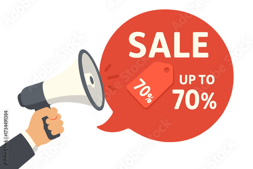 Male hand holding megaphone with sale up to 70 percent off speech bubble. Loudspeaker announcing special offer discount. Banner for business, marketing and advertising vector.