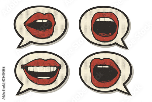 Set of speech bubbles with female mouths in retro pop art style. Open lips smiling, shouting, screaming. Vector illustration for communication, announcement, gossip, or protest.