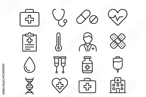 Medical and health care icon set in modern thin line style. Vector symbols for website and app. Hospital, doctor, first aid, pharmacy, clinic, cardiology, and dna signs.