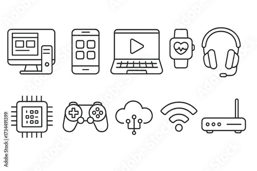 Technology icon set. Thin line vector symbols of computer, mobile phone, laptop, smartwatch, and cloud. Outline illustrations for internet, connectivity, gaming, and media.