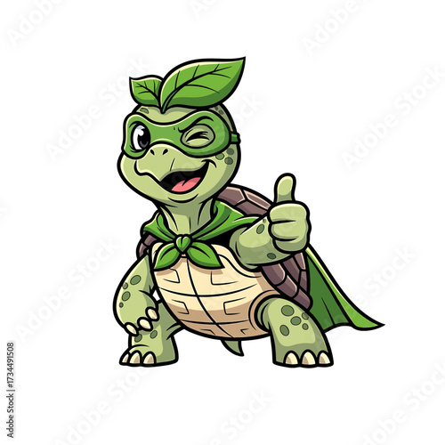 Cartoon Turtle Superhero Winking with Leaf Mask and Cape Giving Thumbs Up