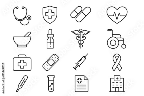 Medical and health care icon set in thin line style. Vector symbols for web design, infographic. Medicine, pharmacy, hospital, emergency aid, science and treatment signs.