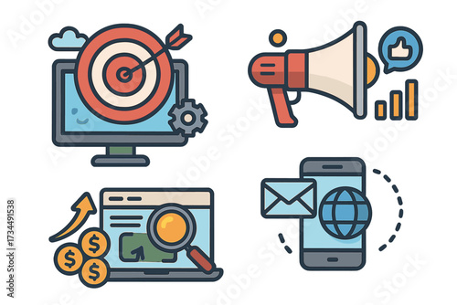 Digital marketing icon set for business promotion. Vector illustrations for social media, SEO, email marketing, and paid advertising. Concepts for targeting, strategy, and analytics.