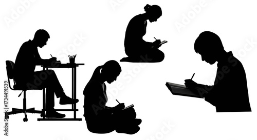 Set of silhouettes showing people and students in various poses writing at a desk and on the floor for education concepts.

