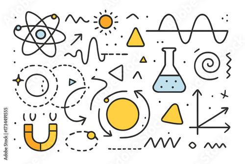 Science doodle vector illustration. Hand-drawn physics and chemistry concept elements. Abstract icon set with atom, flask, magnet, and graph for research and education background.