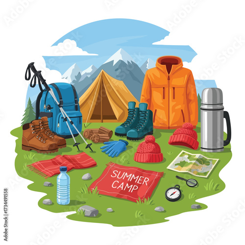 Summer camp illustration with camping gear, tent, mountain background, hiking boots, backpack, compass, map, jackets, and accessories.