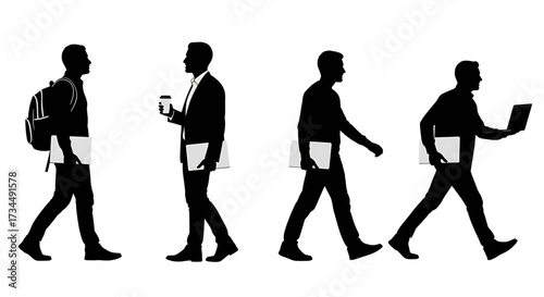 Set of walking man silhouettes in side profile carrying a laptop backpack and coffee for a modern business or student lifestyle.
