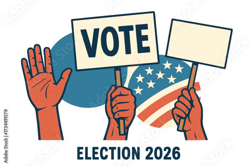 Hands holding vote sign for US Election 2026. Political campaign banner. American democracy concept. Call to vote. Rally, protest placard. Retro vector with USA flag.