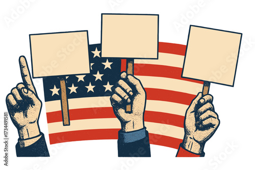 USA election campaign vector banner. Hands holding blank signs for protest or rally. American flag background. Political voting concept. Retro halftone illustration for vote day.
