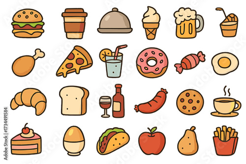 Food and drink doodle icon set. Vector cartoon illustration collection. Fast food, restaurant menu elements. Burger, pizza, coffee, beer, dessert, fruit symbols for graphic design.