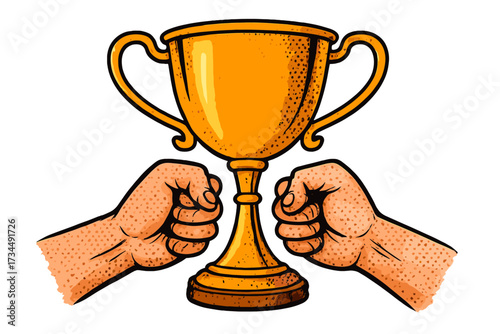Hands holding gold trophy cup. Winner prize for victory. Championship success and achievement concept. Retro comic pop art style vector illustration with halftone effect.