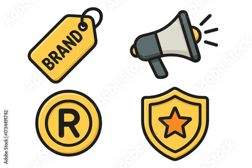 Marketing and branding doodle icons. Flat cartoon vector set with brand label, promotion megaphone, registered trademark logo, and quality guarantee shield icon for business.