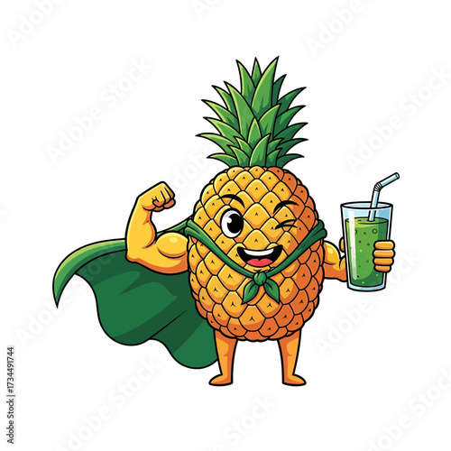 Winking Superhero Pineapple Holding Green Smoothie Flexing Bicep Green Cape