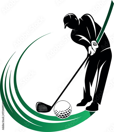 Silhouette vector illustration of a woman golfer putting a golf ball into a hole on the course