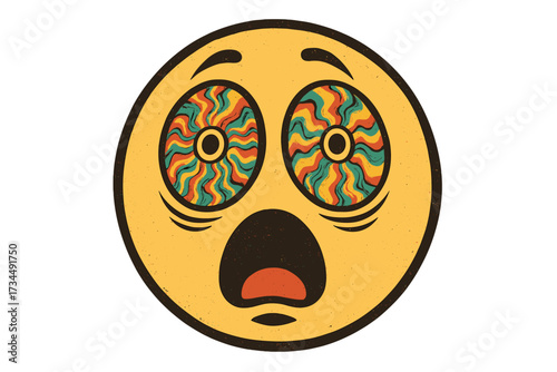 Retro vintage emoticon experiencing psychedelic awe. Trippy, overwhelmed smiley vector. Editable emoji illustration with hypnotic eyes and a shocked face. Hallucination concept.