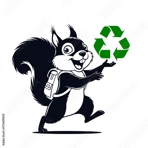 Cheerful Squirrel with Backpack Presenting a Green Recycle Symbol