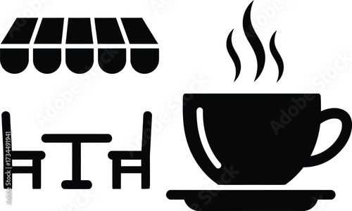 Cozy outdoor cafe scene with steaming coffee and seating