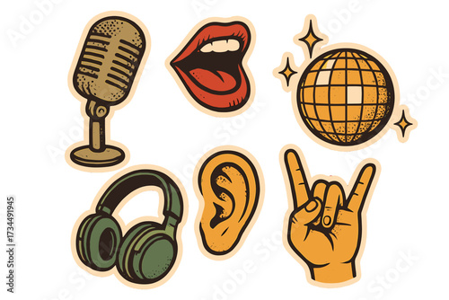 Vintage music sticker set. Retro audio collage with microphone, singing mouth, disco ball, headphones, rock hand gesture. Grunge sound and podcast vector icons collection.