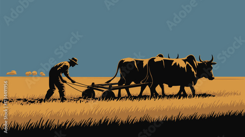 Vintage style farmer plowing field with oxen, evoking rural traditions and agricultural heritage in a timeless countryside scene under a clear sky