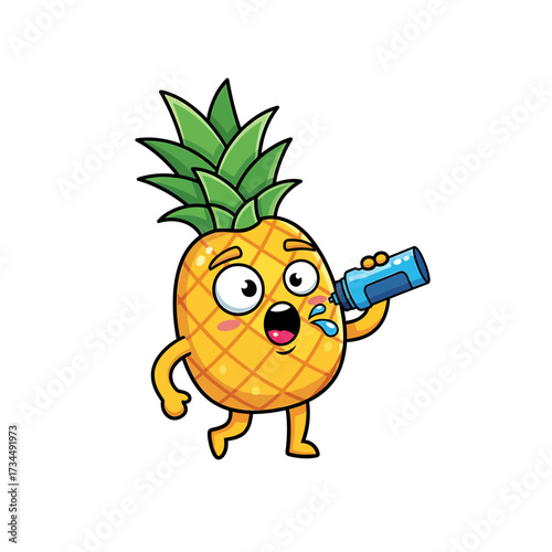 Cartoon Pineapple Character Hydrating with a Blue Water Bottle WideEyed and Animated