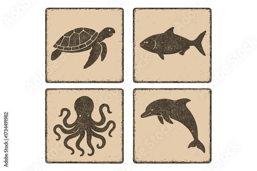 Vintage marine life set with retro paper texture. Monochrome square cards with a stamp effect. Flat silhouette vector illustration of ocean animals, turtle, fish, octopus, dolphin.