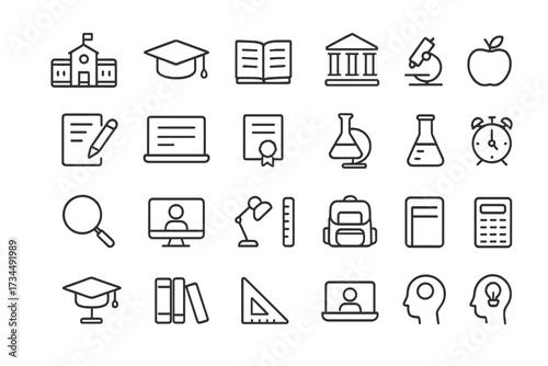 Education line icon set. School, university, college concepts. Symbols for learning, knowledge, e-learning, study, science, graduation. Includes book, diploma for web design.