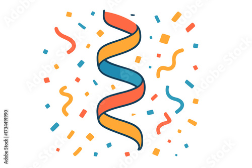 Serpentine background with confetti effect. Party celebration concept. Flat vector cartoon illustration. Festive decoration for birthday, carnival, new year, festival. Joyful streamer design.