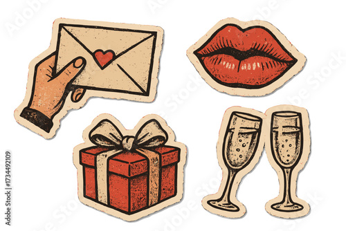 Retro Valentine's Day sticker pack. Grunge collage elements with vintage halftone texture. Vector love letter, kiss lips, gift box, and champagne for a romantic celebration.