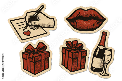 Valentine's Day retro sticker set. Grunge romance collage elements. Vintage vector icons of a love letter, gift box, champagne, and kiss lips. Halftone texture paper cutouts.
