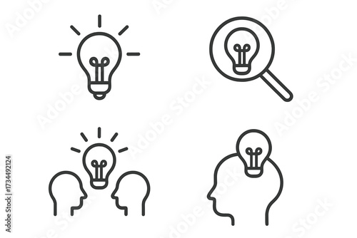 Idea and creativity icon set. Brainstorming, innovation, solution concepts. Line icons for creative thinking, teamwork, inspiration, problem solving. Head with lightbulb symbol.