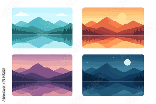 Mountain landscape vector set. 4 times of day: morning, sunset, dusk, night. Lake reflection, forest, hills. Flat minimalist illustration. Nature background or poster banner.