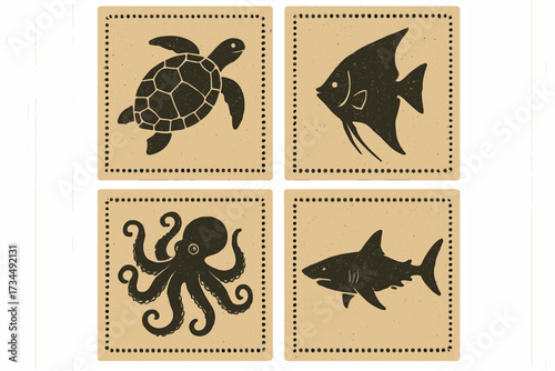 Set of vintage marine life cards. Linocut style sea animal silhouettes on craft paper. Retro block print of turtle, octopus, shark, and fish. Nautical ocean wildlife illustration.
