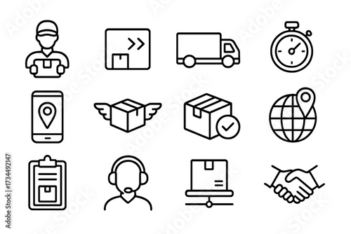 Delivery and logistics web icons set in thin line style. Courier, shipping, express delivery, order tracking, support, global business. Vector illustration for web and app design.