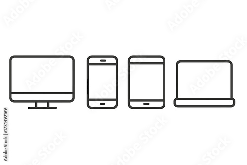 Device icon set in simple line style. Computer monitor, smartphone, tablet, laptop. Technology and web icons for UI and UX design. Digital gadgets outline. Vector illustration.