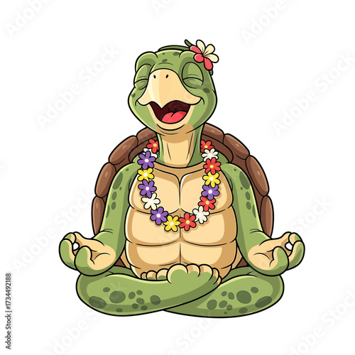Meditating Turtle with Flower Lei and Smiling Face in Peaceful Pose