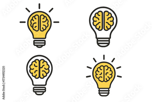 Light bulb with brain icon set. Metaphor for creativity, innovation, and bright ideas. Concept for thinking, intelligence, solution, and brainstorming. Mind power symbol.