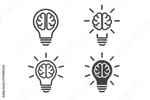 Light bulb with brain icon set. Creativity, creative idea, innovation concept. Smart thinking, solution, brainstorming, mind power symbol. Vector line and glyph icons.