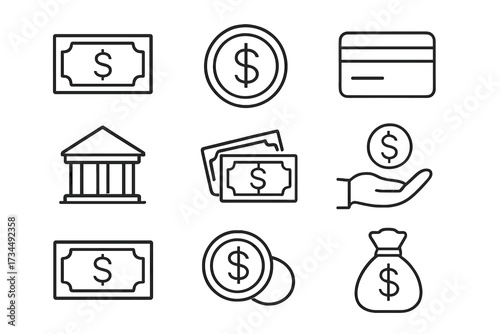 Money and finance web icons set in thin line style. Vector collection of business symbols including dollar, cash, coin, credit card, bank, payment, savings, and investment.