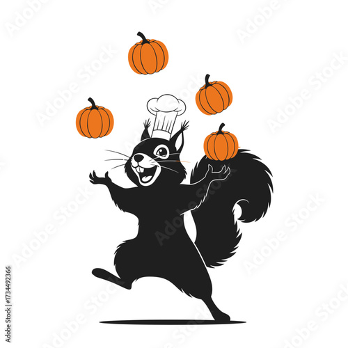 Joyful Squirrel Chef Juggling Miniature Pumpkins with Whimsical Flair