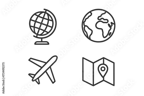 Set of travel and navigation line icons. Globe, earth planet, airplane, and map with location pin. Vector for global business, tourism, geography, web, and app design.