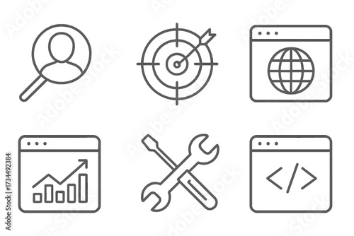 SEO and web development line icon set. Digital marketing strategy and coding symbols. User research, target audience, data analytics, programming, and website maintenance tools.