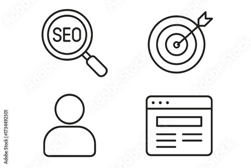 SEO and web development line icon set. Vector symbols for digital marketing, business strategy, user targeting, website optimization, search analysis and achieving goals.