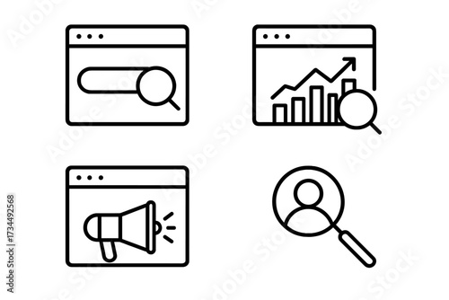 Set of line icons for SEO, web analytics, digital marketing, and employee search. Vector pack for business, data analysis, promotion, user targeting, and HR management concepts.