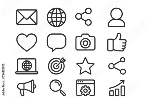 Social media and SEO icons in line style, digital communication symbols, social networks, website technology, contact, marketing, search, sharing, vector illustration set
