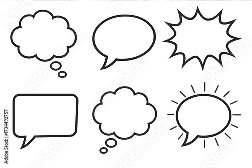 Retro speech bubbles and thought clouds vector set, empty comic stickers, transparent background, vintage style conversational icons, talking and thinking cartoon bubbles collection