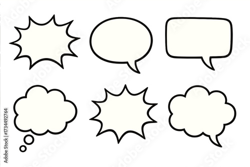 Retro comic speech bubbles and thought clouds vector set, empty cartoon style dialogue balloons and thinking clouds stickers, transparent background, ordered collection for graphic design
