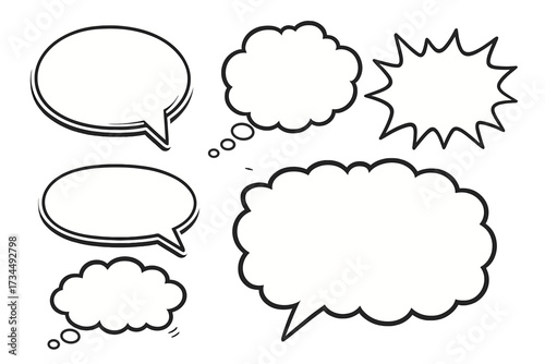 Retro speech bubbles and thought clouds set, comic style empty vector illustration, transparent background, cartoon dialogue, communication stickers pack, expression balloons
