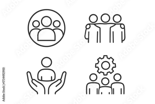 Teamwork and collaboration icons set in line style, people support concept, business group illustration, partnership, unity, community, transparent background vector