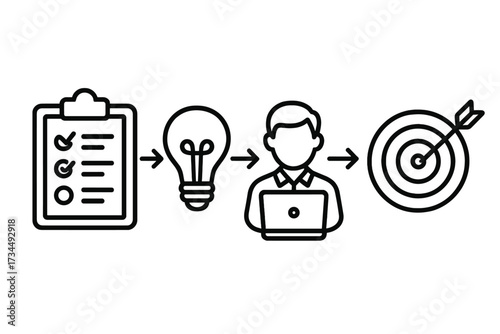 Technology workflow concept vector illustration, line art style business process with checklist, idea light bulb, professional working on laptop, and bullseye target success, transparent background